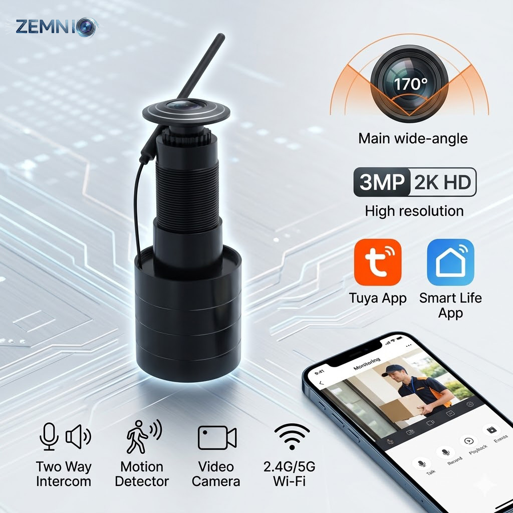 Smart Home Video Doorbell - ZEMNIO 2K 3MP Smart Door Peephole